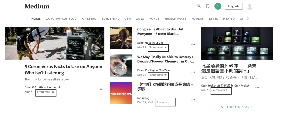 Medium依照用戶個人追蹤的作者，提供各種閱讀時間長度的內容。
