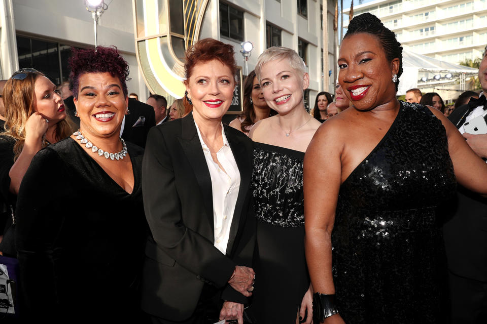 Activist Rosa Clemente, actors Susan Sarandon and Michelle Williams and activist Tarana Burke arrive to the 75th Annual Golden Globe Awards held at the Beverly Hilton Hotel on January 7, 2018. (Photo by Christopher Polk/NBC/NBCU Photo Bank via Getty Images)