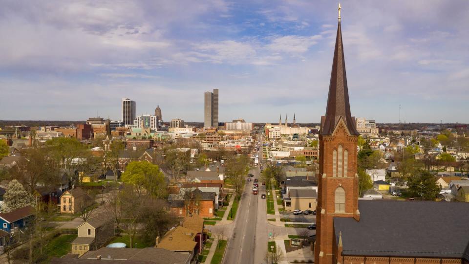 Aerial view over the downtown city skyline of Fort Wayne Indiana USA.