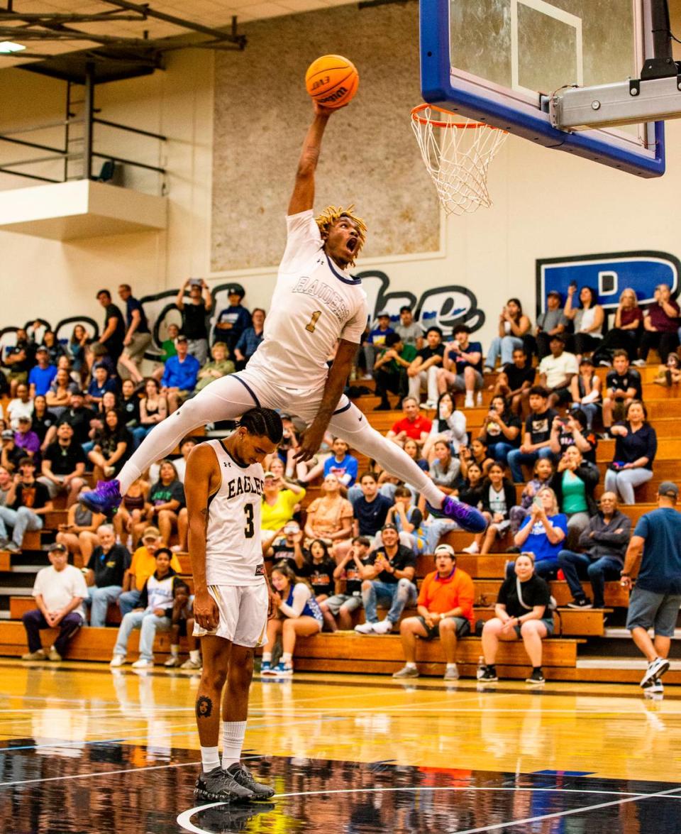 Malachi Miller of Central Catholic High participates during the slam-dunk contest before the boys Six-County All-Star Basketball Game at Modesto Junior College in Modesto, Calif., Saturday, April 29, 2023.