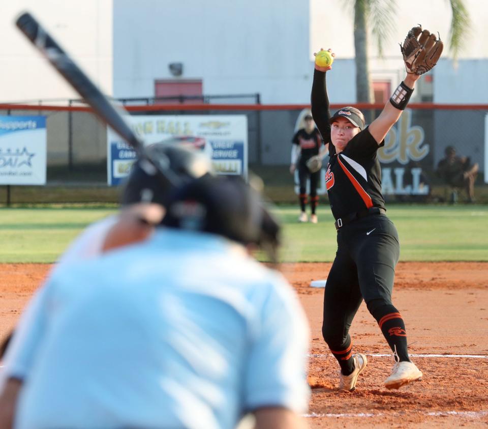 Spruce Creek High pitcher Julie Kelley #3 winds up to pitch to a Seminole High School batter, Tuesday May 14, 2024 during regional semifinal action in Port Orange.