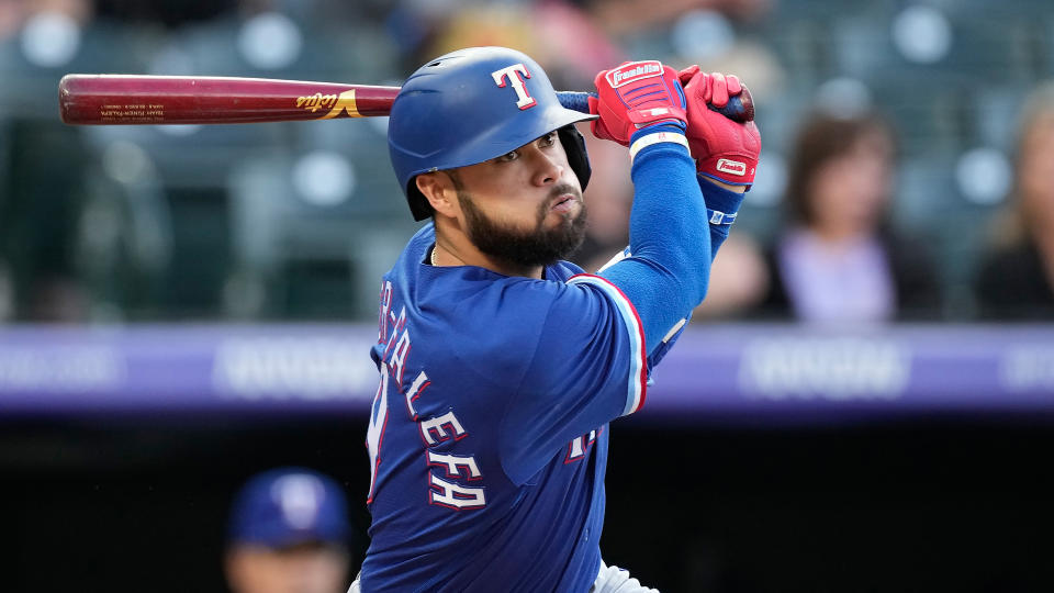 Texas Rangers third baseman Isiah Kiner-Falefa (9) in the third inning of a baseball game Tuesday, June 1, 2021, in Denver. (AP Photo/David Zalubowski)