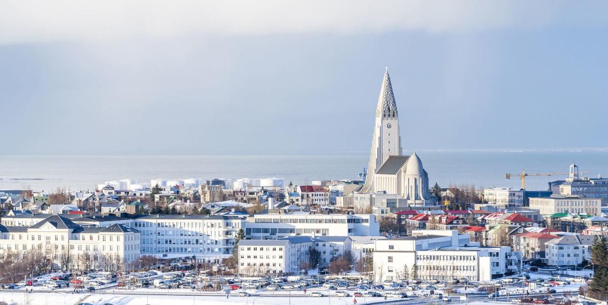 aerial view of reykjavik with the hallgrimskirkja church, iceland in winter