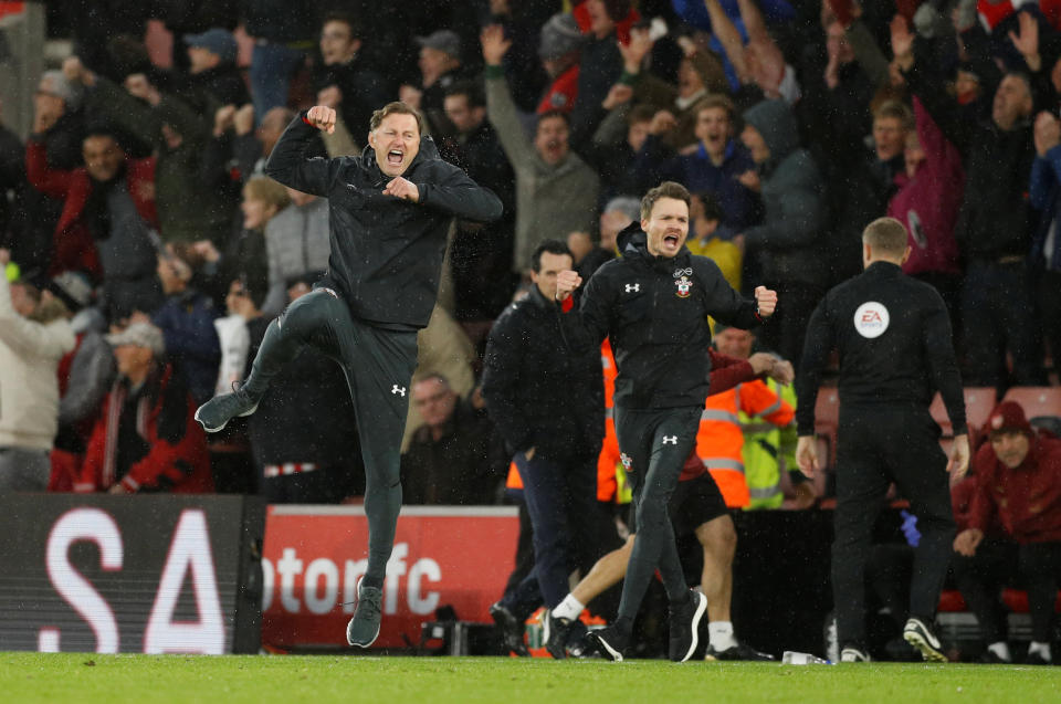 Hasenhuttl celebrates as Southampton recorded an important win over Arsenal.