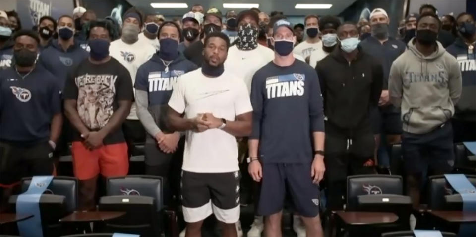 In a screenshot from a Zoom call, Tennessee Titans players speak about the decision to cancel NFL football practice Thursday, Aug. 27, 2020, in Nashville, Tenn. Several NFL teams canceled practice in response to the shooting of Jacob Blake, a Black man, in Wisconsin. In front are safety Kevin Byard, left, and quarterback Ryan Tannehill, right. (AP Photo)