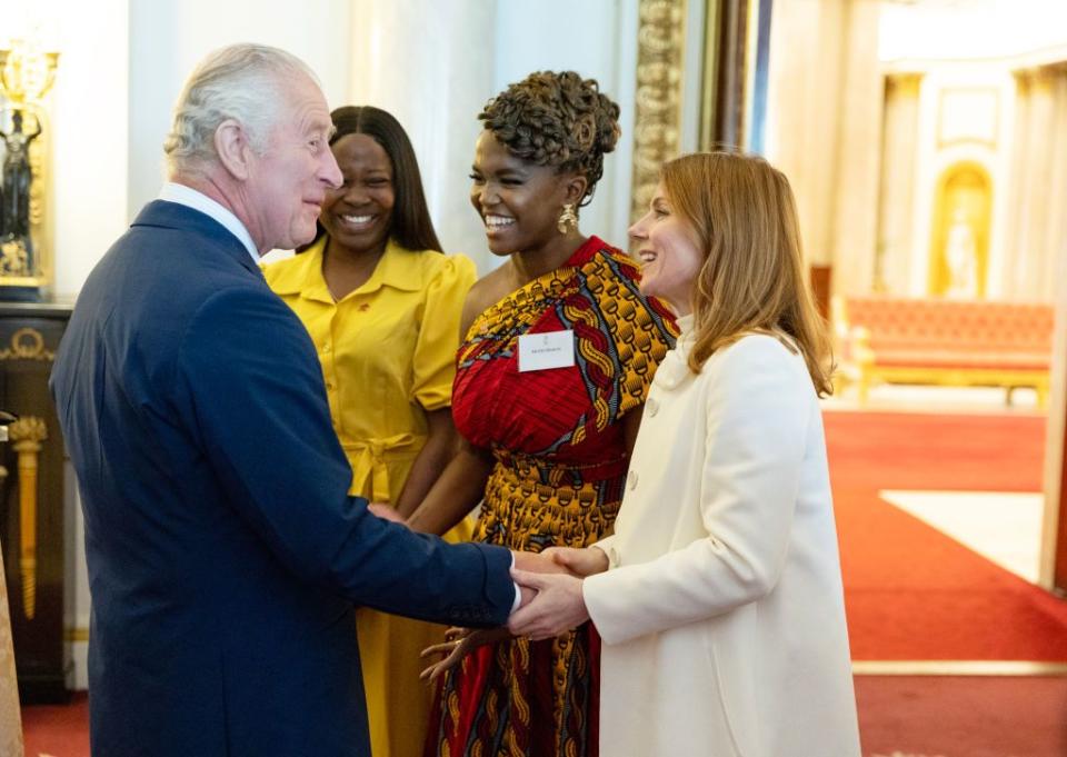 london, england may 17 king charles iii meets geri horner r oti mabuse c and funmilola sosanya 2nd l as he hosts the winners of the princes trust awards and celebrity ambassadors at buckingham palace on may 17, 2023 in london, england photo by geoff pugh wpa poolgetty images