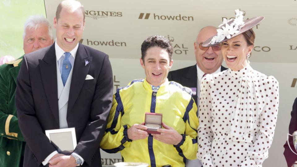 Prince William and Catherine share a joke with jockey Christophe Soumillon as they present the Commonwealth Cup during a trophy ceremony at Royal Ascot 2022