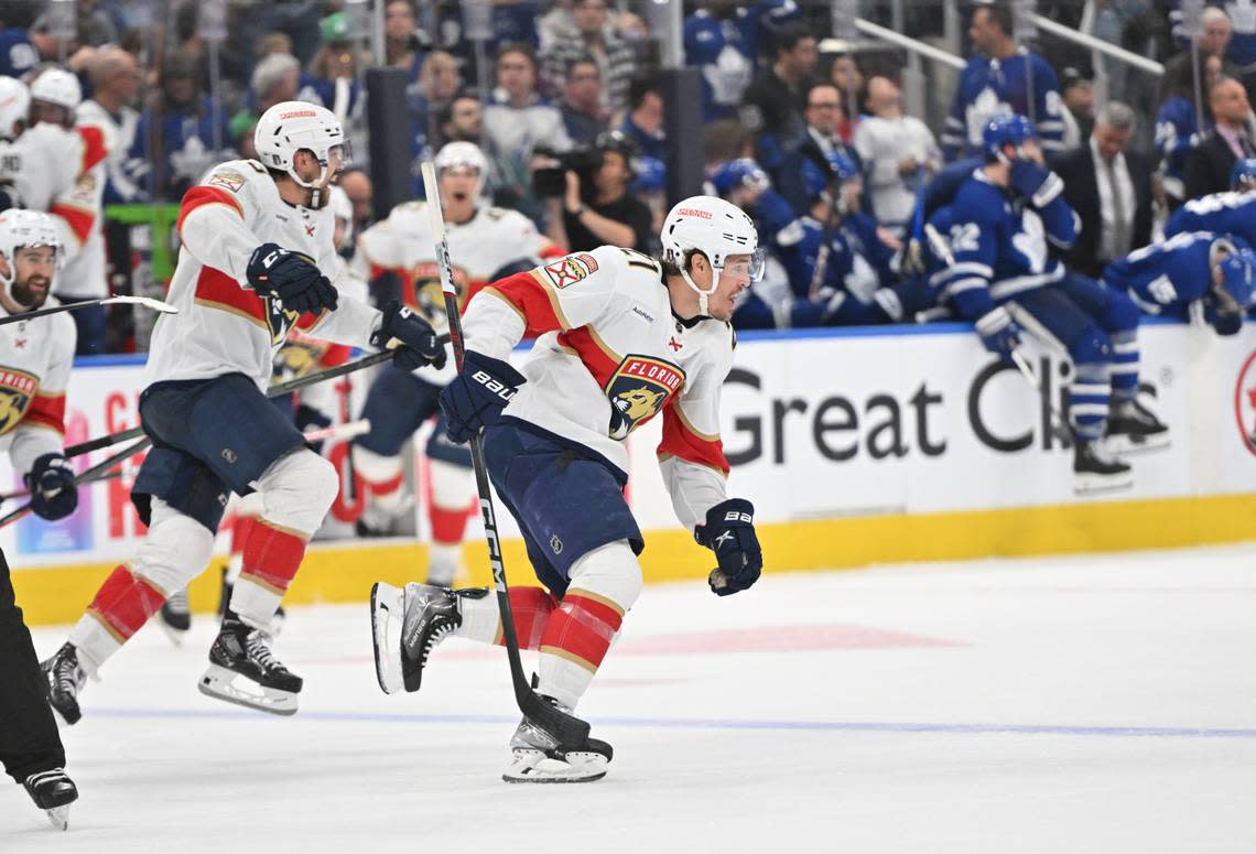 Florida Panthers forward Nick Cousins (21) celebrates the winning goal in overtime against the Toronto Maple Leafs in game five of the second round of the 2023 Stanley Cup Playoffs at Scotiabank Arena in Toronto, Canada.