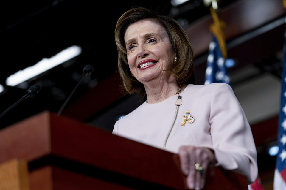 House Speaker Nancy Pelosi of Calif., smiles during her weekly news conference on Capitol Hill in Washington, Thursday, Oct. 21, 2021. (AP Photo/Andrew Harnik)