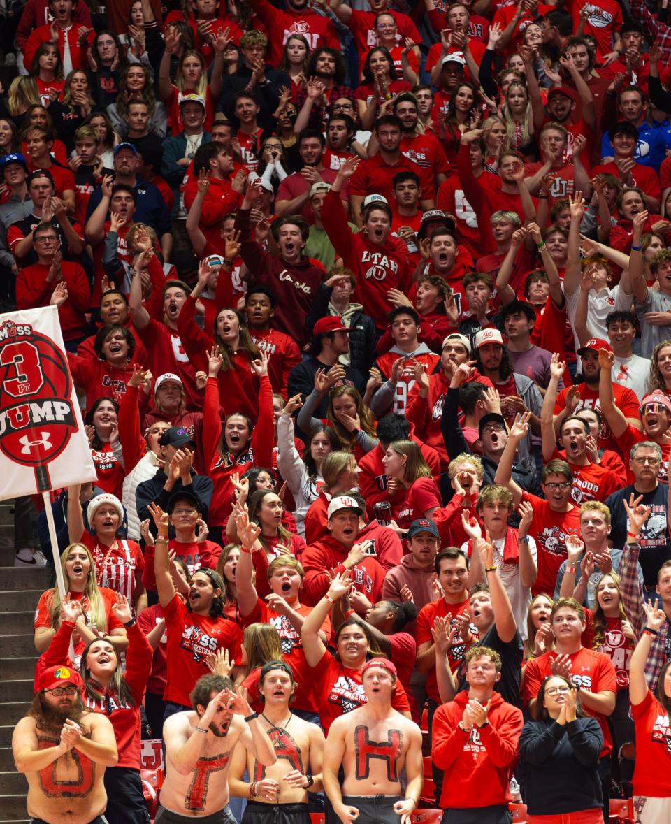 Utah Utes fans cheer during a men’s basketball game against the Brigham Young Cougars at the Jon M. Huntsman Center in Salt Lake City on Saturday, Dec. 9, 2023. | Megan Nielsen, Deseret News