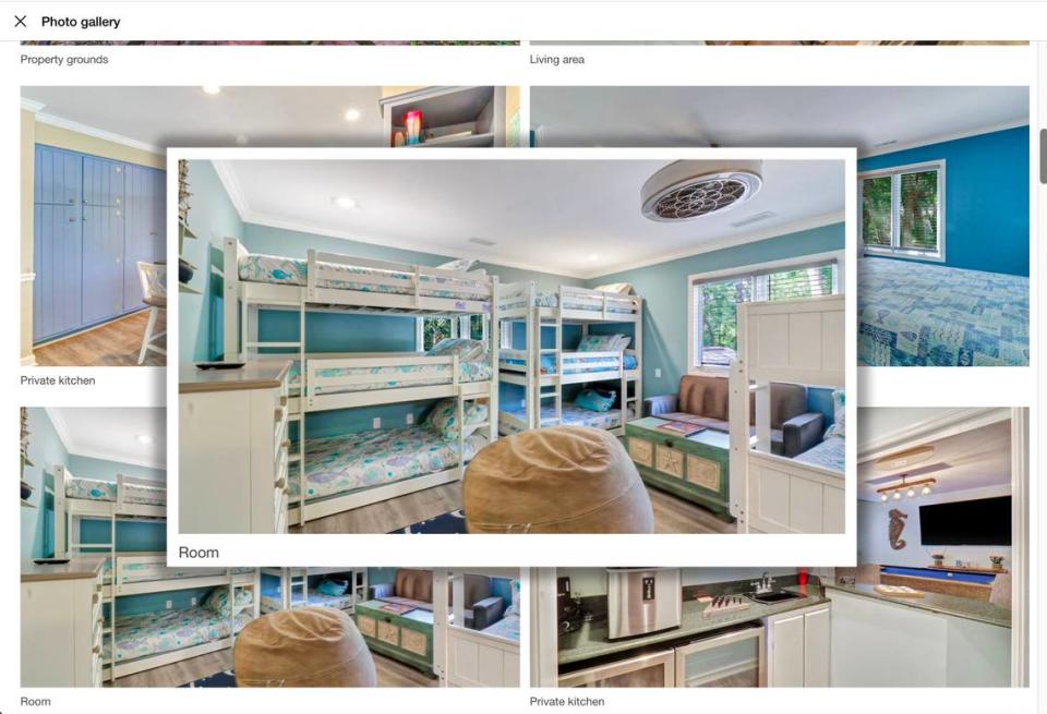 In this illustration of a screen capture from VRBO’s website, a photo shows a bedroom with at least two triple bunkbeds in the Hilton Head listing located in Palmetto Dunes.