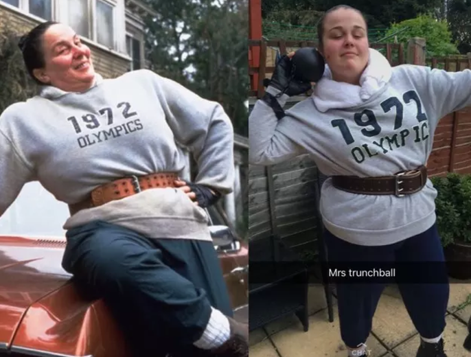 The original Miss Trunchbull alongside a woman wearing a 1972 Olympics sweatshirt