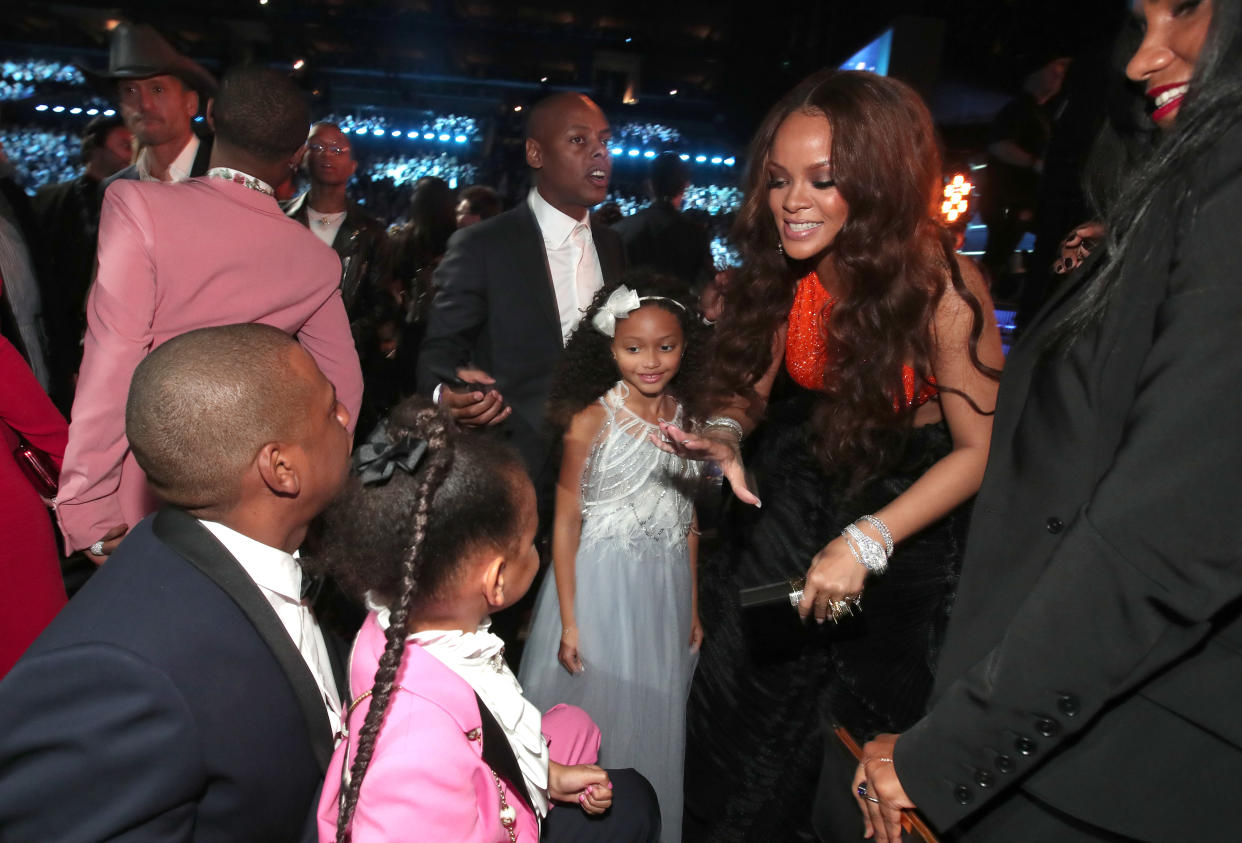 LOS ANGELES, CA - FEBRUARY 12:  Hip-Hop Artist Jay-Z, daughter Blue Ivy Carter and singer Rihanna during The 59th GRAMMY Awards at STAPLES Center on February 12, 2017 in Los Angeles, California.  (Photo by Christopher Polk/Getty Images for NARAS)