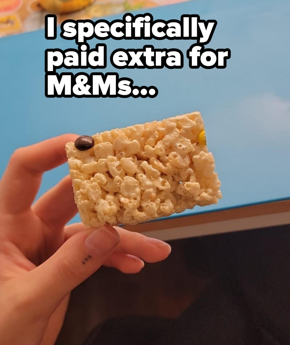 A Rice Krispie with one single M&M on it