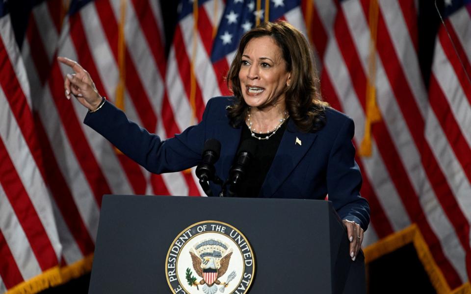 Kamala Harris delivers remarks during a campaign event at West Allis Central High School