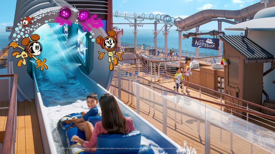 Guests will be immersed in “The Wonderful World of Mickey Mouse” animated shorts aboard the firstever
Disney attraction at sea, AquaMouse. Complete with show scenes, lighting and special effects,
and splashtacular surprises, this wild water ride is sure to delight everyone in the family as they zig, zag
and zoom through 760 feet of winding tubes suspended high above the upper decks.