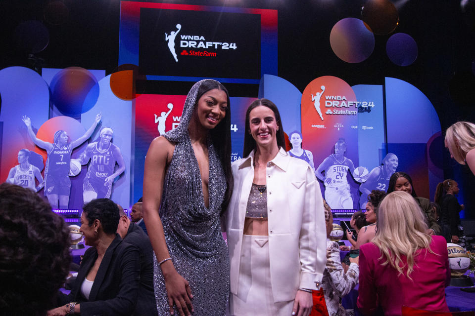 Caitlin Clark and Angel Reese at the WNBA Draft held at the Brooklyn Academy of Music on April 15, 2024 in New York, New York. (Photo by Cora Veltman/Sportico via Getty Images)