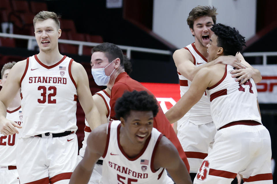 Stanford celebrates a 75-69 win over Southern California