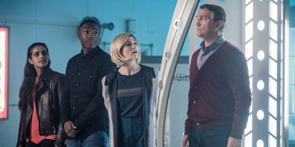 Mandip Gill, Tosin Cole, Jodie Whittaker and Bradley Walsh in Doctor Who: Kerblam! (BBC)