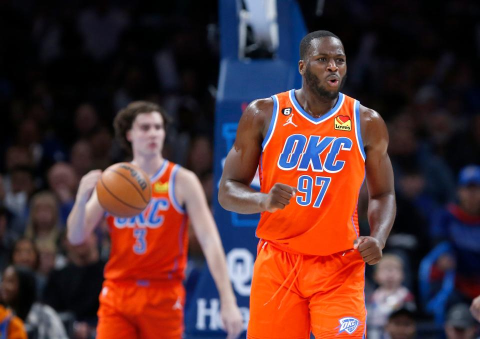 Oklahoma City's Eugene Omoruyi (97) reacts to a call during the NBA basketball game between the Oklahoma City Thunder and the Dallas Mavericks at the Paycom Center in Oklahoma City, Sunday, Jan.8, 2023. 