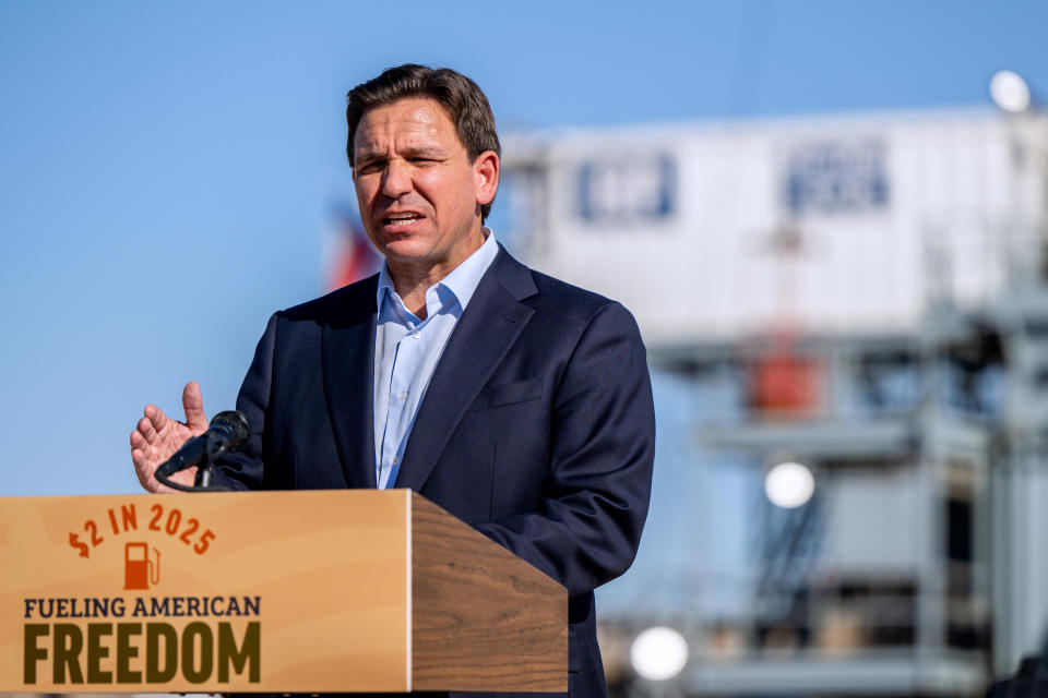 MIDLAND, TEXAS - SEPTEMBER 20: Florida Gov. Ron DeSantis speaks to members of the media and site workers at the Permian Deep Rock Oil Company site during a campaign event on September 20, 2023 in Midland, Texas.  / Credit: BRANDON BELL / Getty Images