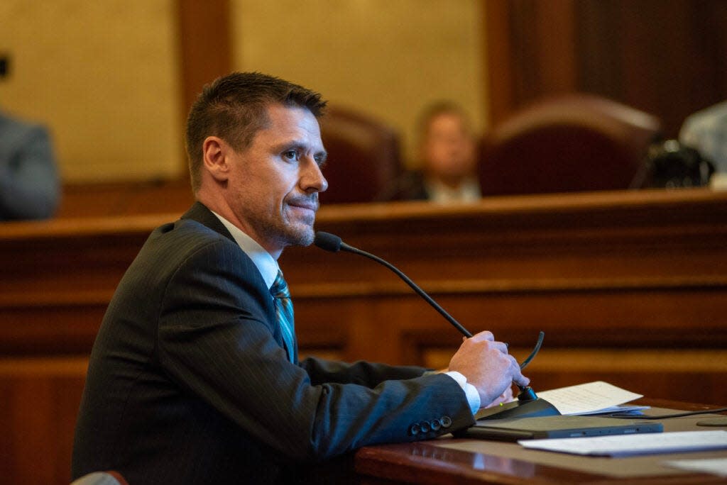 Sen. Andrew Koenig, R-Manchester, answers questions about his bill that would expand MOScholars during a committee meeting Wednesday Jan. 10, 2024.