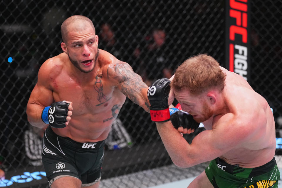 LAS VEGAS, NEVADA – JULY 15: (L-R) Bassil Hafez punches Jack Della Maddalena of Australia in their welterweight fight during the UFC Fight Night at UFC APEX on July 15, 2023 in Las Vegas, Nevada. (Photo by Jeff Bottari/Zuffa LLC via Getty Images)