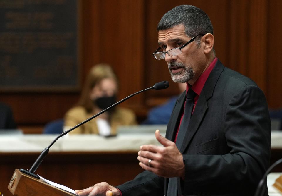 Rep. John Jacob speaks before a vote is held on Senate Bill 1 during special session Friday, August 5, 2022, at the Indiana Statehouse in Indianapolis. Jacob is running in the 2024 Republican primary for the 6th Congressional District.