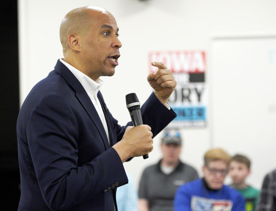 Democratic presidential candidate Sen. Cory Booker, D-N.J., speaks during an election stop at the Sioux City Public Museum in Sioux City, Iowa, Monday, April 15, 2019. (AP Photo/Nati Harnik)