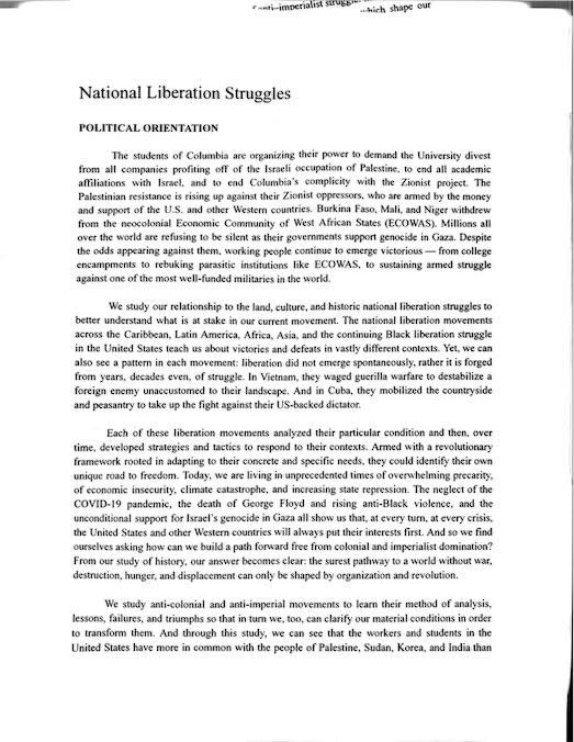 A “National Liberation Struggles” manifesto has been circulated among students at Columbia University. Obtained by the NY Post