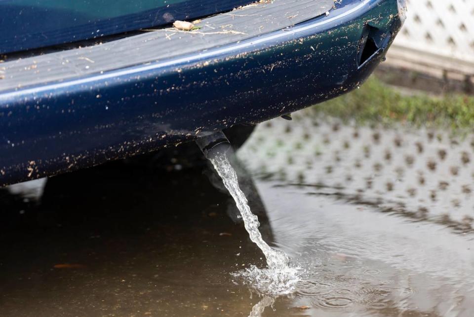 El agua se filtra de una minivan azul después de que las aguas inundaran el vehículo, que estaba estacionado en Royal Palm Mobile Home Park, el jueves 13 de junio de 2024, en Hallandale Beach, Florida. Los habitantes del parque de casas móviles están lidiando con las secuelas de la tormenta del miércoles que dejó su comunidad inundada.