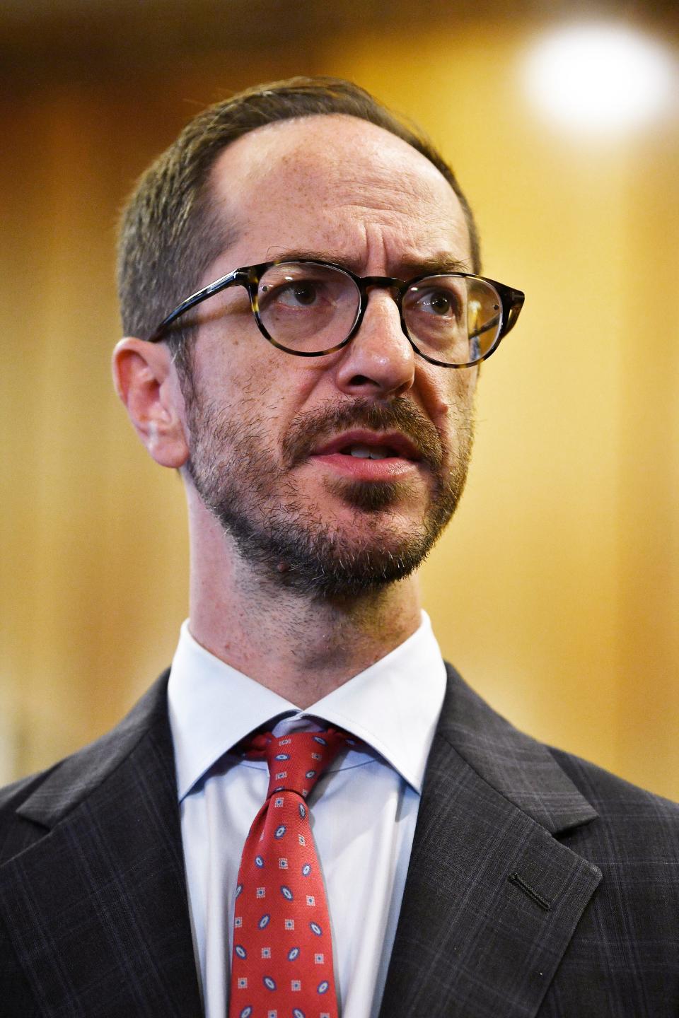 Freddie O'Connell speaks to members of the press after being sworn in as Nashville's new mayor at Historic Metro Courthouse in Nashville , Tenn., Monday, Sept. 25, 2023.