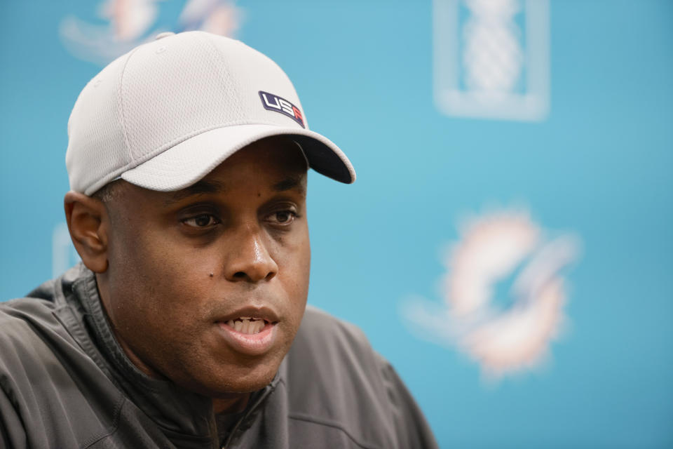 Miami Dolphins General Manager Chris Grier talks to the media before practice at Baptist Health Training Complex in Hard Rock Stadium on Wednesday, November 3, 2021 in Miami Gardens, Florida, in preparation for their game against the Houston Texans at Hard Rock Stadium on Sunday.(David Santiago/Miami Herald via AP)