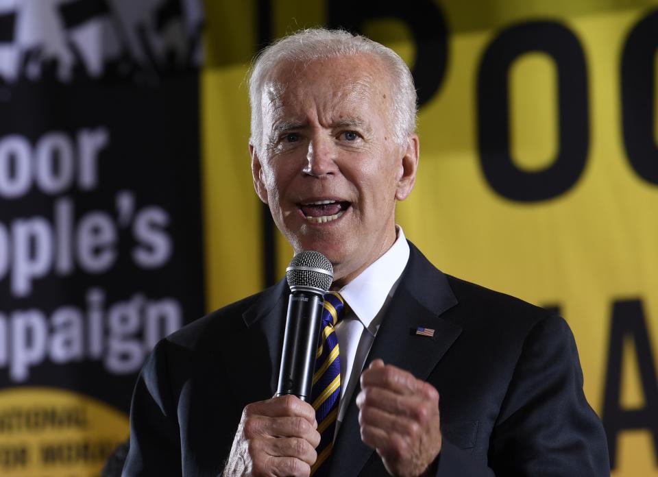 FILE - In this June 17, 2019, file photo, Democratic presidential candidate, former Vice President Joe Biden, speaks in Washington. A new poll from The Associated Press-NORC Center for Public Affairs finds majorities of Democratic voters saying gender, race and age make no difference in their enthusiasm about a candidate. Instead, Democratic voters are overwhelmingly looking for experience in elected office. Twenty-five candidates are running for the party’s nomination and include several women, a Latino, multiple candidates of African and Asian descent, and a 37-year-old gay man less than half the age of the 76-year-old early front-runner, Biden. (AP Photo/Susan Walsh, File)