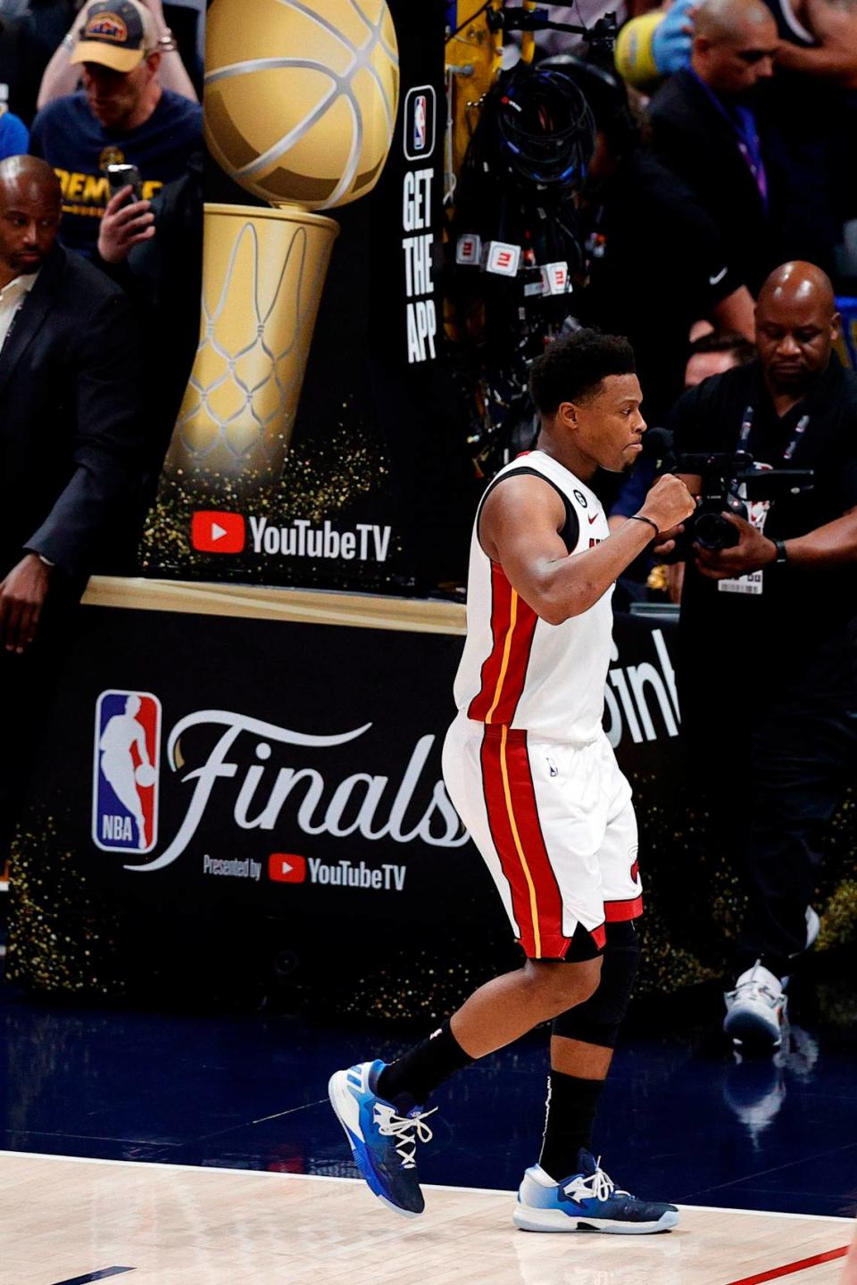 Miami Heat guard Kyle Lowry (7) leaves the court after defeating the Denver Nuggets in Game 2 of the 2023 NBA Finals on June 4, 2023, at Ball Arena in Denver, Colorado.