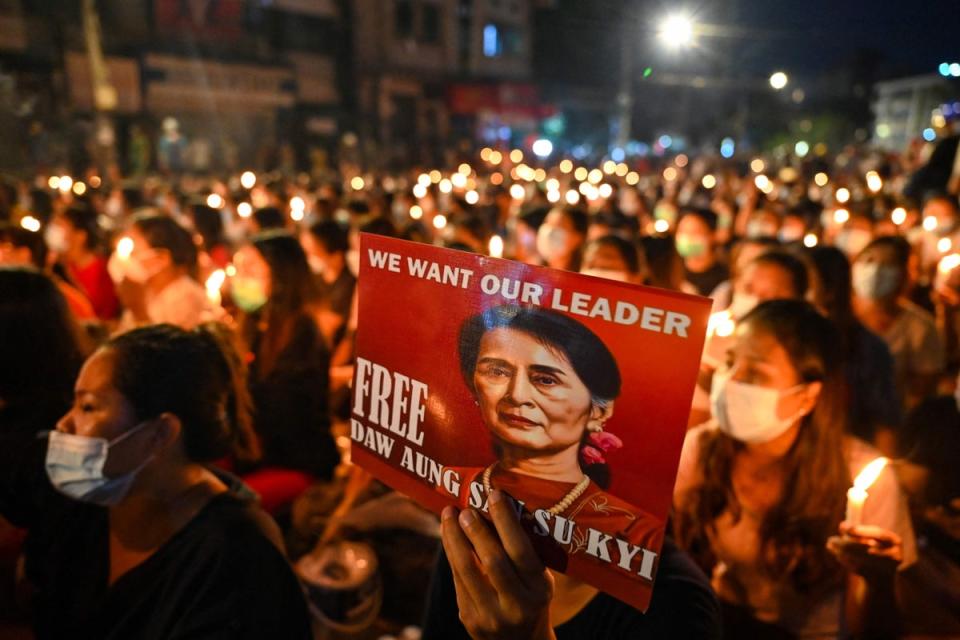 Protesters attend a candlelight vigil to honour those who have died during demonstrations against the military coup in Myanmar (AFP/Getty)