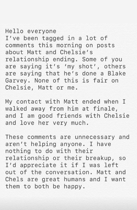 Abbie Chatfield statement about Matt Agnew and Chelsie Mcleod