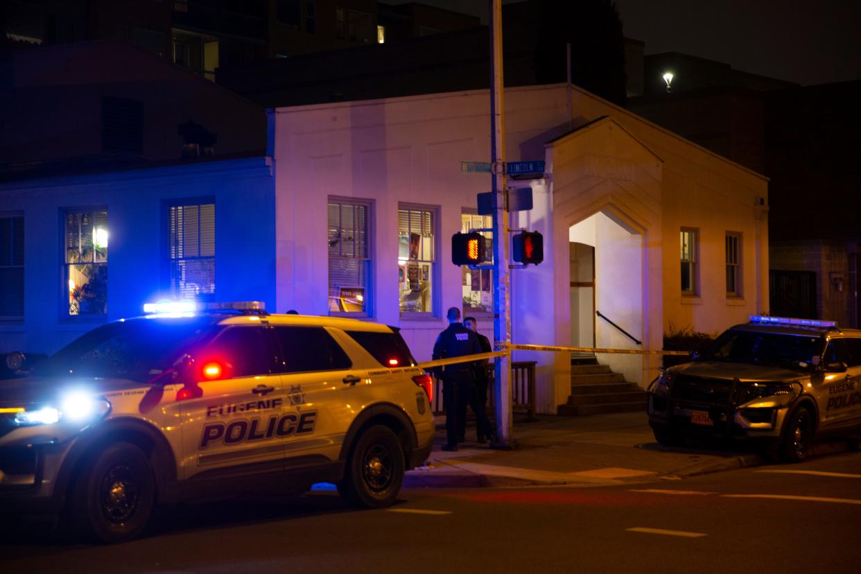 Eugene Police secure the scene of a shooting outside the WOW Hall in Eugene Friday night.