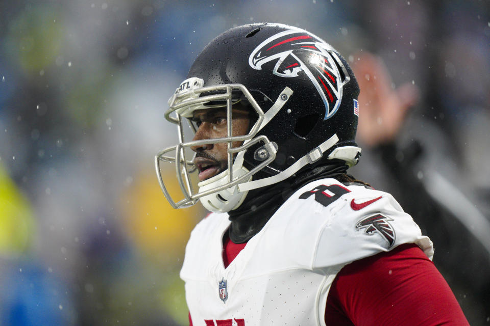 Atlanta Falcons running back Cordarrelle Patterson celebrates after scoring against the Carolina Panthers during the first half of an NFL football game Sunday, Dec. 17, 2023, in Charlotte, N.C. (AP Photo/Jacob Kupferman)