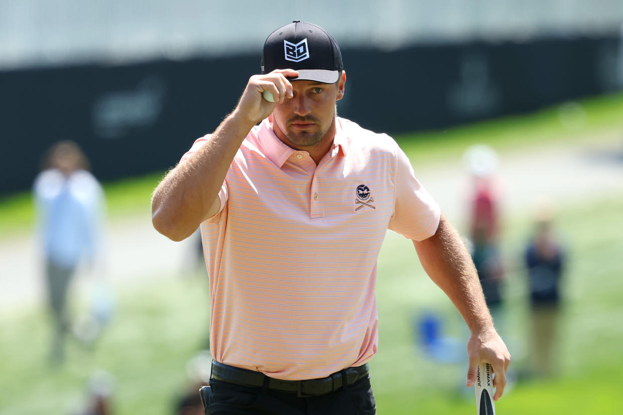 Bryson DeChambeau reacts on the 18th green during the first round of the PGA Championship at Oak Hill Country Club on May 18, 2023 in Rochester, New York. (Photo by Maddie Meyer/PGA of America/PGA of America via Getty Images)