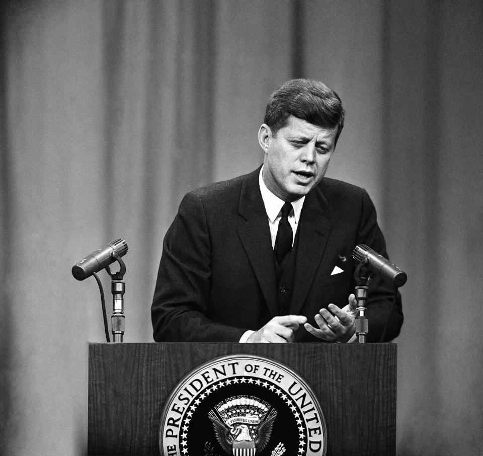 FILE - In this March 8, 1961 file photo, President John F. Kennedy speaks during a news conference in Washington. On Friday, June 25, 2021, the Associated Press reported on stories circulating online incorrectly claiming Kennedy said, “There are people in Washington D.C. in positions of power to whom the border is just a nuisance. And I think some of them believe that illegal immigration is a moral good. It is not.” (AP Photo, File)