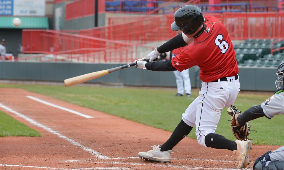 Erie SeaWolves batter Kerry Carpenter hits a home run in the third inning against the Akron RubberDucks at UPMC Park in Erie on April 9, 2022.