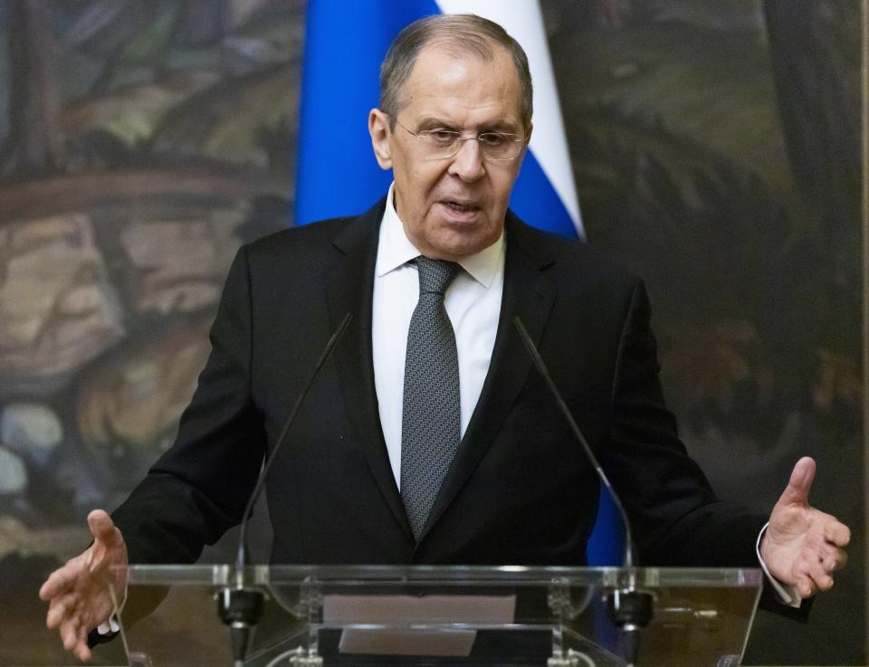 Russian Foreign Minister Sergey Lavrov gestures while speaking to journalists during a joint news conference with Palestinian Foreign Minister Riyad Al-Maliki following their talks in Moscow, Russia, Wednesday, May 5, 2021. (AP Photo/Alexander Zemlianichenko, Pool)