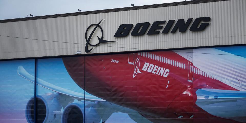 FILE PHOTO: A Boeing logo is seen at the company's facility in Everett after it was announced that their 777X model will make its first test flight later in the week in Everett, Washington, U.S. January 21, 2020. REUTERS/Lindsey Wasson