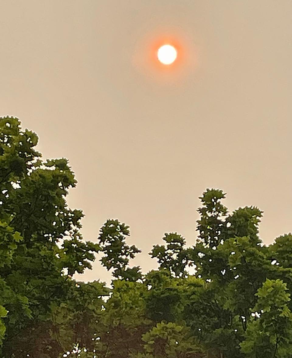 The sun struggles to break through smoke and haze in the skies above Factory Field in White Mills. Wayne Highlands Little League and Pro Prospects travel team games and practices have either been postponed or moved indoors due to poor air quality.