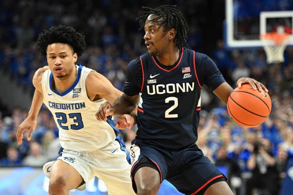 Connecticut guard Tristen Newton (2) was averaging 15.0 points, 7.1 rebounds and 5.8 assists ahead of the Big East Tournament.