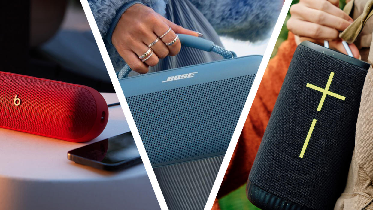  A Beats speaker on a table, a hand holding a Bose speaker and a Wondeboom speaker being attached to a rucksack. 