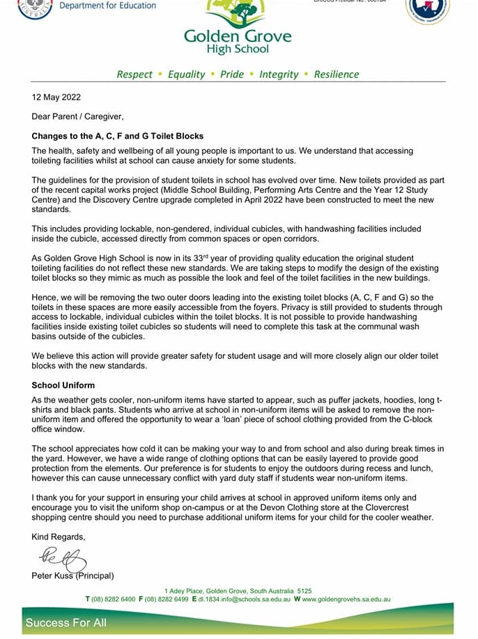 A letter sent to parents from Golden Grove High School. 