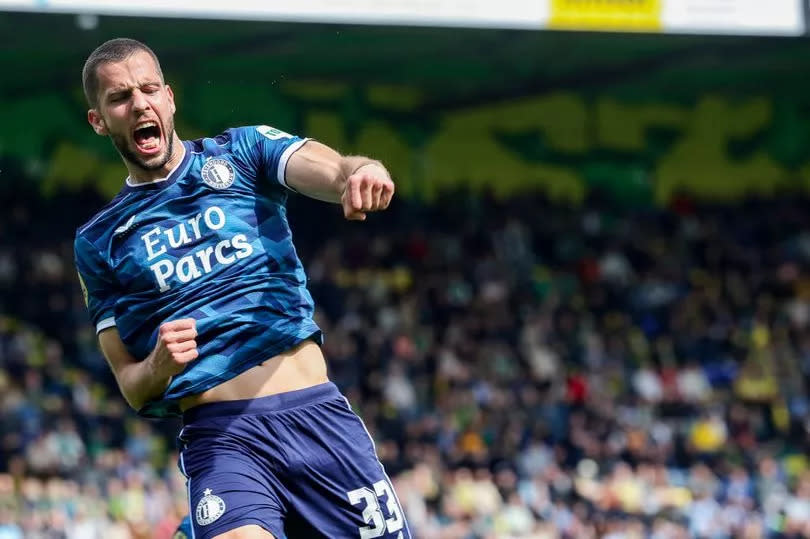 David Hancko of Feyenoord Rotterdam celebrates after scoring