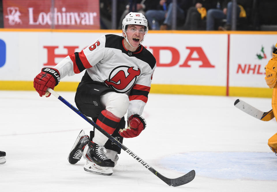 Nov 26, 2021; New Jersey Devils left wing Jimmy Vesey reacts after being knocked down against the Nashville Predators at Bridgestone Arena. (Photo: Christopher Hanewinckel-USA TODAY Sports)